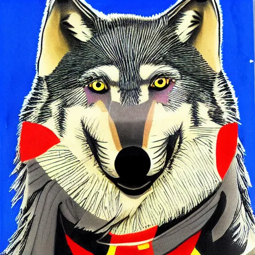 Image similar to portrait of retarded wolf, propaganda style, vivid colors, detailed