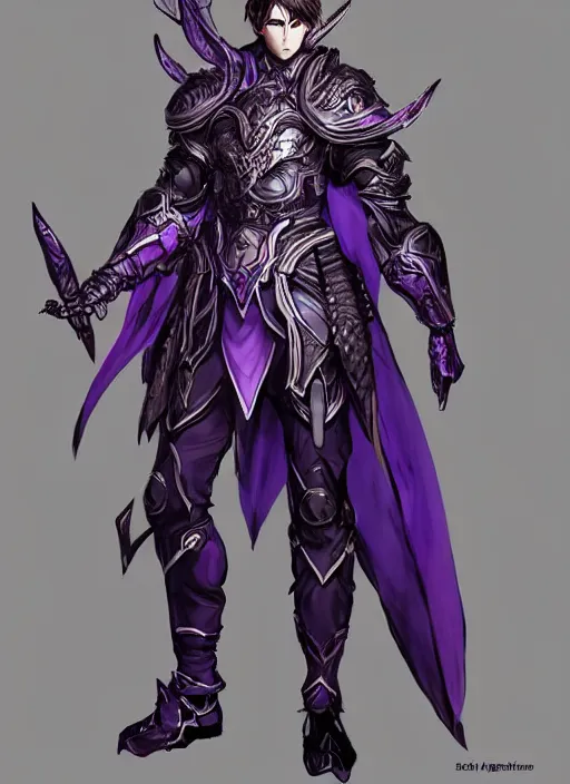 Image similar to Full body portrait of a handsome elven aristocrat with short hair wearing purple heavy armor. In style of Yoji Shinkawa and Hyung-tae Kim, trending on ArtStation, dark fantasy, great composition, concept art, highly detailed, dynamic pose.