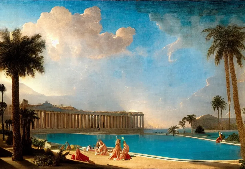 Image similar to The biggest palace ever made, thunderstorm, greek pool, beach and palm trees on the background major arcana sky, by paul delaroche, hyperrealistic 8k, very detailed