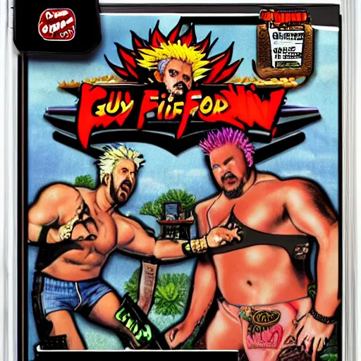 Image similar to guy fieri : backyard wrestling the video game 1 9 8 9 special tournament edition plus alpha featuring guy fieri for the nintendo genesis, game case, box art