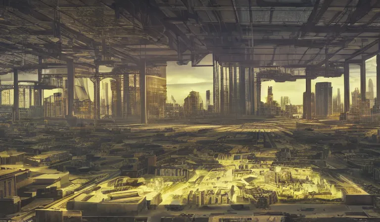 Prompt: large group people in open warehouse, looking at hologram of futuristic city on a table, cinematic concept art, godrays, golden hour, natural sunlight, 4 k, clear details, tabletop model buildings, center model buildings, hologram center, crane shot, crane shot, crane shot, godrays