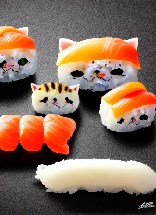 Image similar to clear photorealistic picture of adorable cats made out of sushi