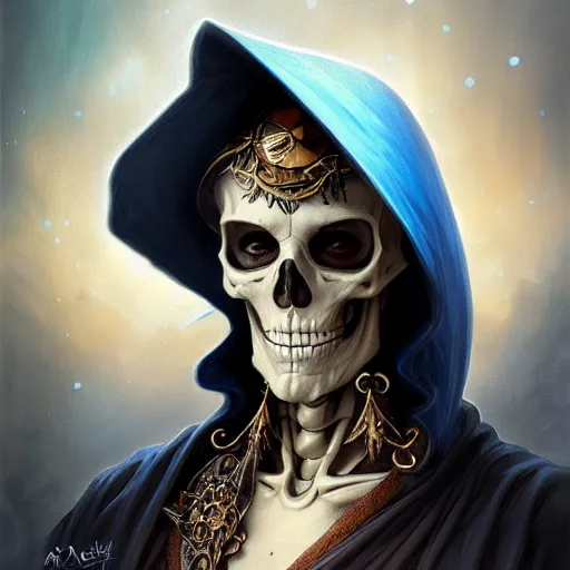 Image similar to Portrait of skeleton with a wizard hat on head, D&D, blue eyes, face, fantasy, intricate, elegant, highly detailed, digital painting, artstation, concept art, smooth, sharp focus, illustration, art by artgerm and greg rutkowski and alphonse mucha