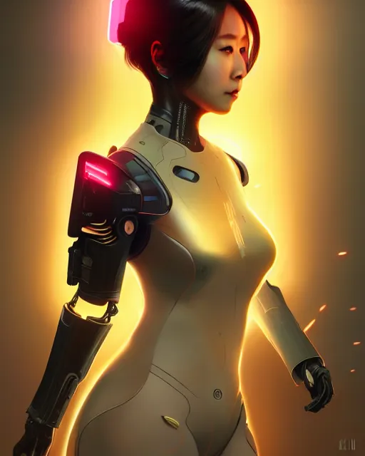 Image similar to kim hyun joo as an android, rose hair, cyborg, warframe, cinematic, illuminated, sunny, beautiful girl, advanced technology, futuristic, digital painting by ilya kuvshinov, akiko takase, eugene gottsnake, stanislav istratov and su fu and antoine collignon