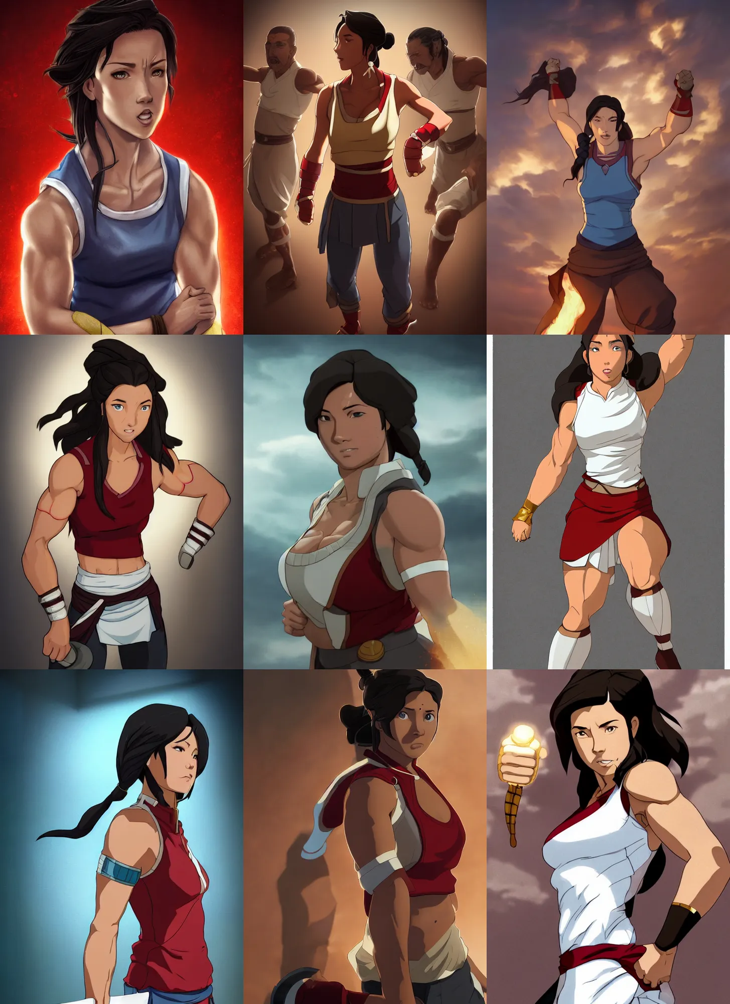 Prompt: a portrait of korra, hyper realistic, 8 k hdr movie, muscular, wearing red tanktop vest with gold lining, white bandages on fists, black hair, short - medium length hair, serious, style by donato giancola, wayne reynolds, jeff easley dramatic light, high detail, cinematic lighting, artstation, dungeons and dragons