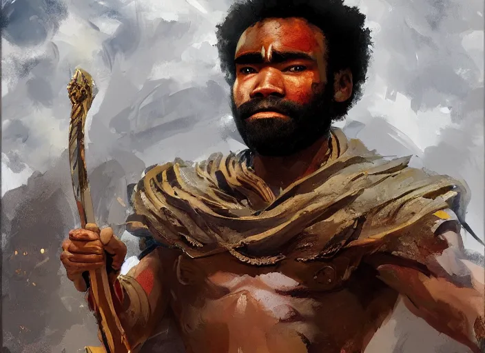 Image similar to a highly detailed beautiful portrait of donald glover as kratos, by gregory manchess, james gurney, james jean