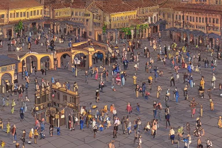 Prompt: cell shaded key visual of a renaissance city square, crowds of people, dramatic lighting