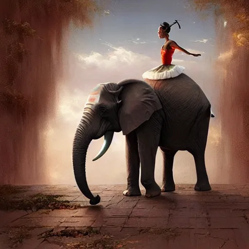 Image similar to an elephant is wearing a tutu next to a ballet dancer, greg rutkowski