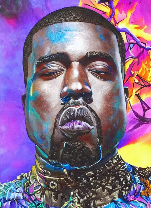 Image similar to ( ( ( ( ( beautiful painting of [ kanye west ], [ kanye west ] concept art, sci - fi illustration, airbrush watercolor painting [ cyberpunk ] ) ) ) ) ) by kehinde wiley and archan nair [ hyperrealism ]!!!!!!!