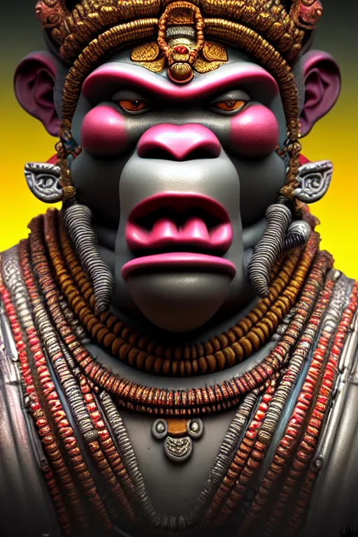 Prompt: high quality 3 d render post - rococo cyberpunk hanuman! head shri ram centre, neon madhubani, open mouth, highly detailed, in sci - fi new delhi, cinematic smooth unreal engine, lee madgwick & liam wong, dramatic light, long shot, low angle, uhd 8 k, sharp focus