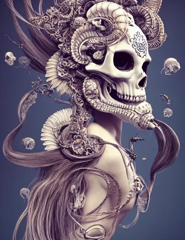 Image similar to 3 d goddess skull half - turn portrait with long hair with ram skull. beautiful intricately detailed japanese crow kitsune mask and clasical japanese kimono. betta fish, jellyfish phoenix, bio luminescent, plasma, ice, water, wind, creature, artwork by tooth wu and wlop and beeple and greg rutkowski