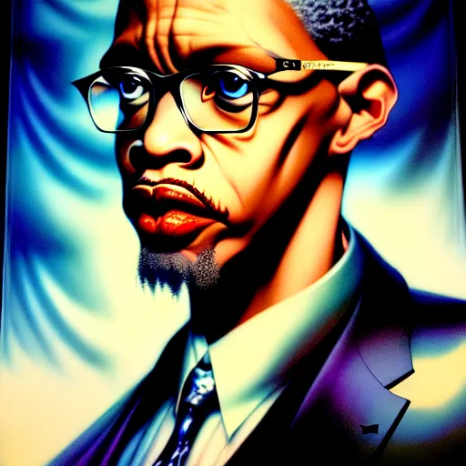 Prompt: uhd photorealistic portrait of albino malcom x, by amano, ayami kojima, greg rutkowski, lisa frank, mark brooks, and karol bak, masterpiece, cinematic composition, dramatic pose, studio lighting, correct face, hyperdetailed, intricate details