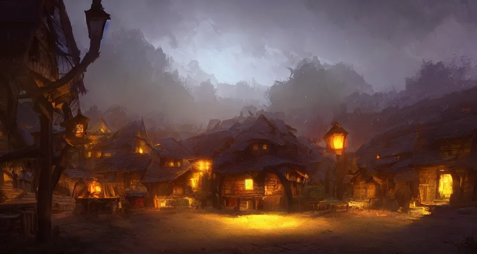 Image similar to book illustration of small wooden village. Atmospheric beautiful by Eddie mendoza and Craig Mullins. volumetric lights