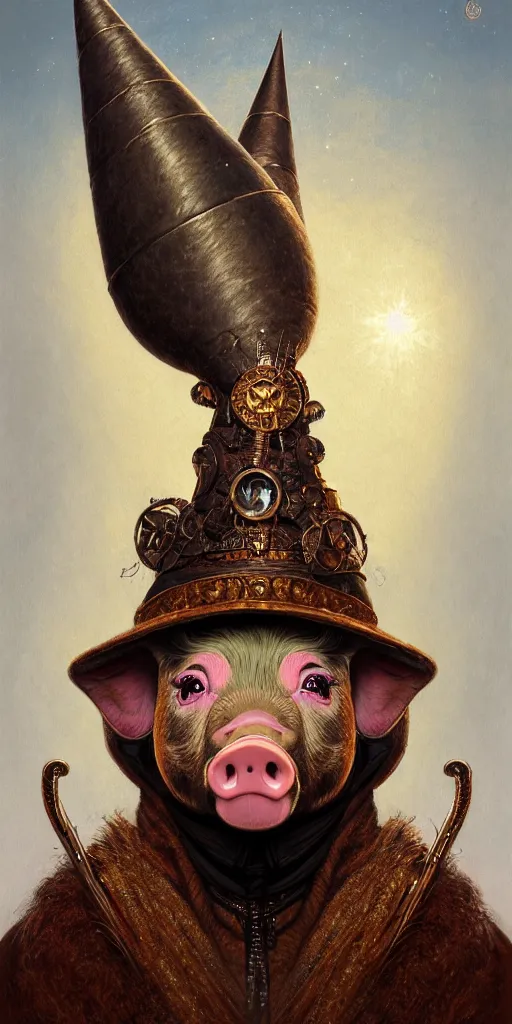 Image similar to rpg! profile!!! portrait of humanoid pig on white background, wizard hat, wizard cloak, surreal, vintage doll, intricate, highly detailed, digital painting, artstation, concept art, smooth, sharp focus, illustration, art by norman rockwell emiliano ponzi andrey remnev yoann lossel aaron jasinski, 8 k