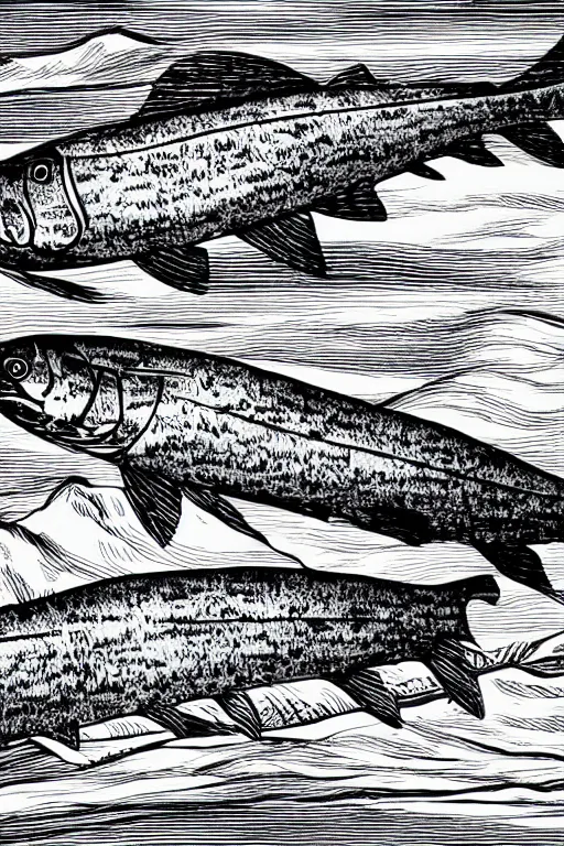 Prompt: a beautiful wood engraving on paper of a school of mackerel, 8 k, frostbite 3 engine, cryengine, dof, trending on artstation, digital art, crepuscular ray