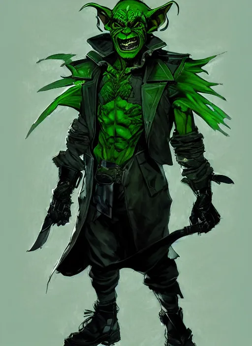 Prompt: portrait of a handsome green skin goblin alchemist in a coat. in style of yoji shinkawa and hyung - tae kim, trending on artstation, dark fantasy, great composition, concept art, highly detailed, dynamic pose, vibrant colours.
