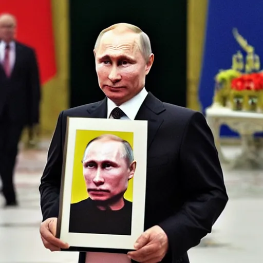 Image similar to putin is holding a picture of putin holding a portrait of putin