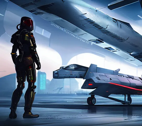 Image similar to fighter pilot stands beside futuristic sci fi fighter jet landed at runway of cyberpunk city ,dark cinematic lighting , digital concept art