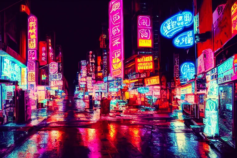 Prompt: a city street filled with lots of neon signs, cyberpunk art by liam wong, pinterest, shin hanga, anime aesthetic, streetscape, photo taken with ektachrome