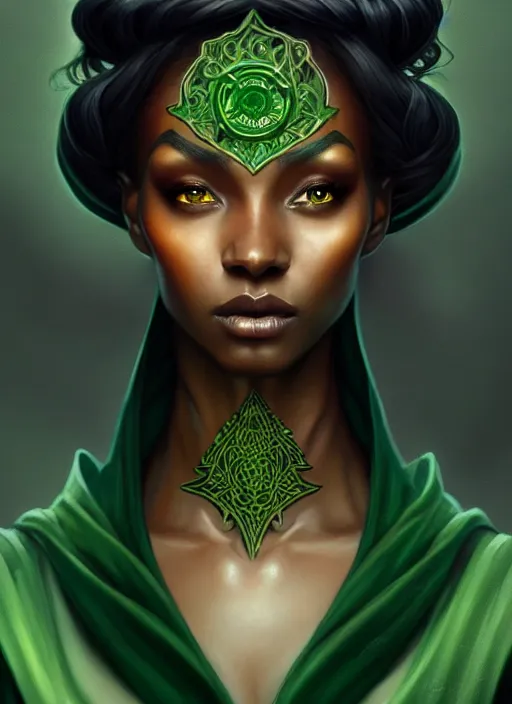 Image similar to beautiful black woman elf wearing a dark green robe portrait, art nouveau, fantasy, intricate arcane wiccan designs, elegant, highly detailed, digital painting, artstation, concept art, matte, sharp focus, illustration, art by Artgerm and Greg Rutkowski and WLOP