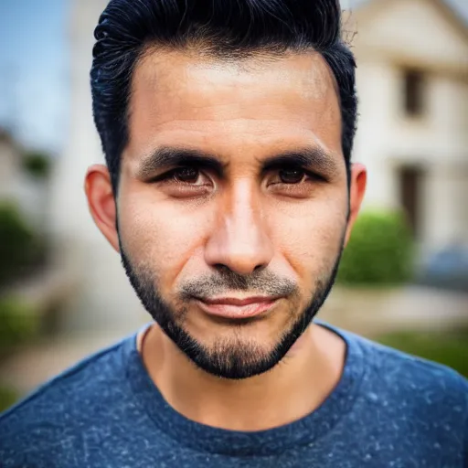 Image similar to close up of face of good looking 3 0 year old peruvian man with clean shaven face, no beard, thin face, skinny, very short straight black hair in a quiff style, color portrait, 4 k