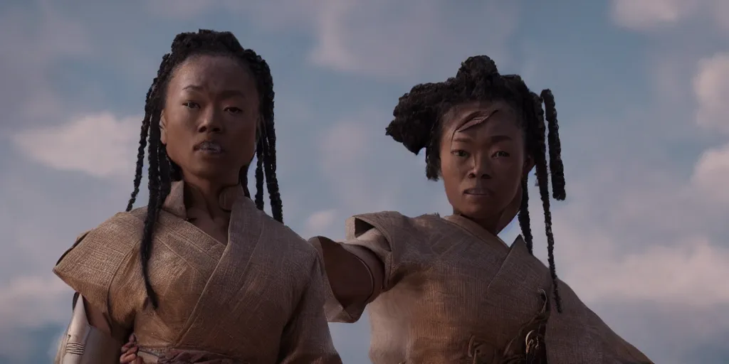 Image similar to a film still of a black woman starring in a japanese blockbuster film as ancient samurai, levitating mid air, intense, shallow depth of field, cinematic, award winning cgi, vfx, film still