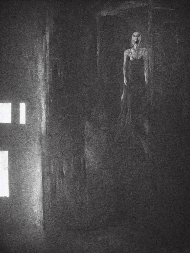 Image similar to still of a vampiric creature hiding in a barn, horror movie, grainy, polaroid, found footage, great cinematography by scott derrickson