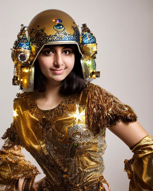 Image similar to centered medium shot fine studio photograph of a beautiful persian girl wearing a persian solarpunk electronic helmet with led lights decorated with golden ornaments, chest with mechanical parts, ultra-realistic, white background, 8k HDR dusk light, intricate detail