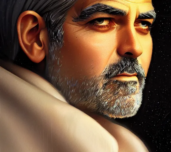 Image similar to portrait of george clooney, fire in eye, snow glow, pool party, highly detailed, digital painting, artstation, sharp focus, illustration, art by tan zi and ayanamikodon and alphonse mucha and wlop