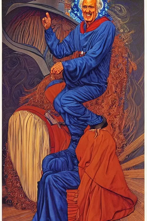 Image similar to an awesome jean giraud portrait of timothy leary telling jokes in the style of a renaissance masters portrait, mystical and new age symbolism