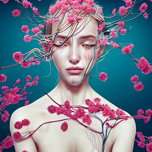 Image similar to the portrait of an incredibly beautiful woman partially made of onions and cherry blossoms, an ultrafine detailed illustration by james jean, final fantasy, intricate linework, bright colors, behance contest winner, vanitas, angular, altermodern, unreal engine 5 highly rendered, global illumination, radiant light, detailed and intricate environment