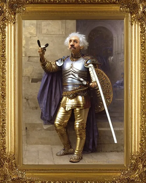 Image similar to brilliant knight : albert einstein is dressed in ornate, detailed, intricate golden armor and surrounded by detailed, complex mathematical equations, detailed oil painting by william adolphe bouguereau