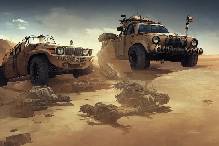 Image similar to dieselpunk digital illustration of mad max's military offroad bmw m 1 ( himars ) by makoto shinkai, ilya kuvshinov, lois van baarle, rossdraws, basquiat