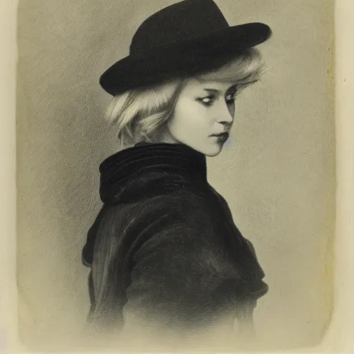 Image similar to portrait of 2 0 - year - old woman with angle lost profile looking away, medium yellow blond hair, character with a hat, hair comes out of the hat a little