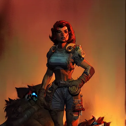 Image similar to fallout 5 concept art, female protagonist and feline companion, atmospheric lighting, painted, intricate, volumetric lighting, beautiful, gritty, rich deep colours masterpiece, sharp focus, ultra detailed by jack kirby, ignacio fernandez rios, thierry doizon