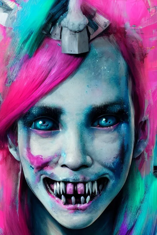 Prompt: portrait of a melting punk girl pink hair . razor sharp teeth. intricate abstract. intricate artwork. nightmare fuel. terrifying. by Tooth Wu, wlop, beeple, dan mumford. octane render, trending on artstation, greg rutkowski very coherent symmetrical artwork. cinematic, hyper realism, high detail, octane render, 8k, iridescent accents