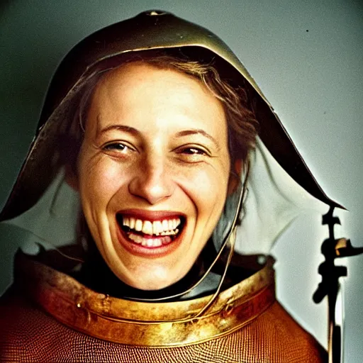 Image similar to Candid portrait photograph of Joan of Arc laughing taken by Annie Leibovitz