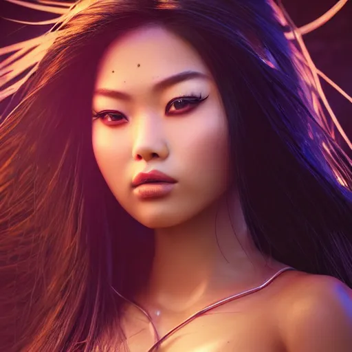 Prompt: a portrait of a full body beautiful futuristic asian hula girl, young with long hair, bioluminescence, hyper - realistic, very detailed, intricate, very sexy pose, slight smile expression, unreal engine, by artgerm, wlop and ross thran, dramatic cinematic lighting rendered by octane, 8 k, detailed