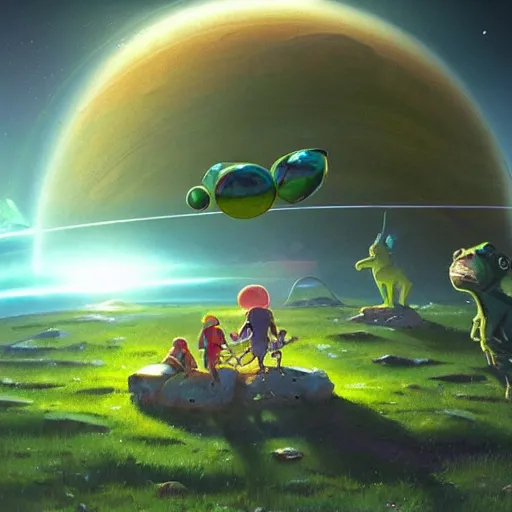 Prompt: Astronauts are having a picnic with green aliens and some dinosaurs on saturn's ring and saturn is as background, by Jordan Grimmer digital art, trending on Artstation,