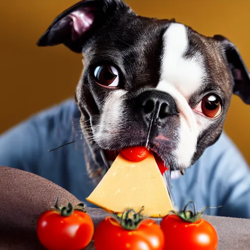 Image similar to boston terrier with a human beard eating tomato's with cheese, photorealistic, high detail, 8 k resolution