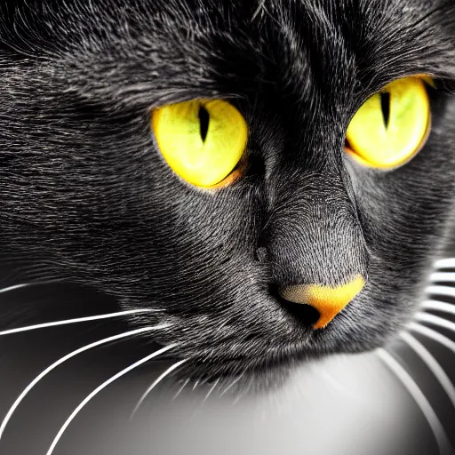 Image similar to portrait mugshot of a sad looking black bombay cat, yellow shiny eyes, digital art, symmetrical face, hd, wallpaper, 4 k