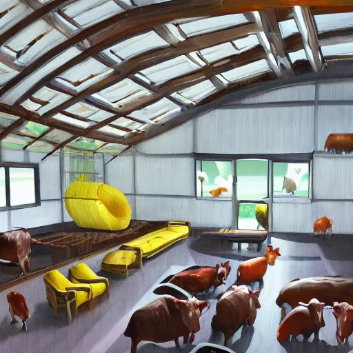 Image similar to interior view of modern futuristic farm barn architecture and interior design, lounge chairs, sofas, cows, chickens, pigs, wall art, detailed luminescent oil painting 4 k