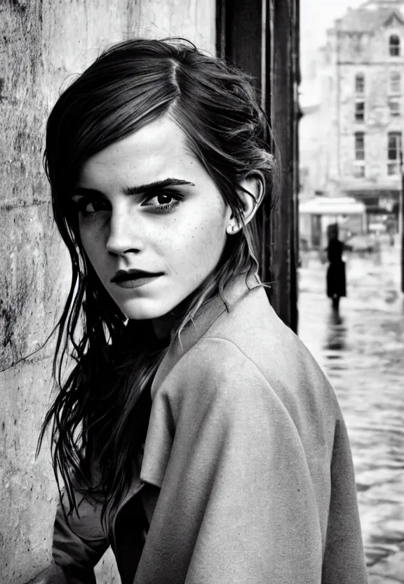 Image similar to emma watson posing in dunwall city, beautiful face, detailed face, realistic eyes, cinematic lighting, rainy weather, melancholy atmosphere, volumetric light, gothic architecture, realistic reflections, model agency, instagram photo, depression atmosphere, shot on sony a 7, beauty filter, postprocessing