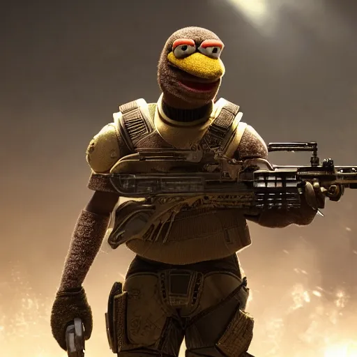 Prompt: kanye west muppet muppet muppet in gears of war, splash art, movie still, detailed face, photorealistic facial features, cinematic lighting, dramatic, octane render, long lens, shallow depth of field, bokeh, anamorphic lens flare, 8 k, hyper detailed, 3 5 mm film grain