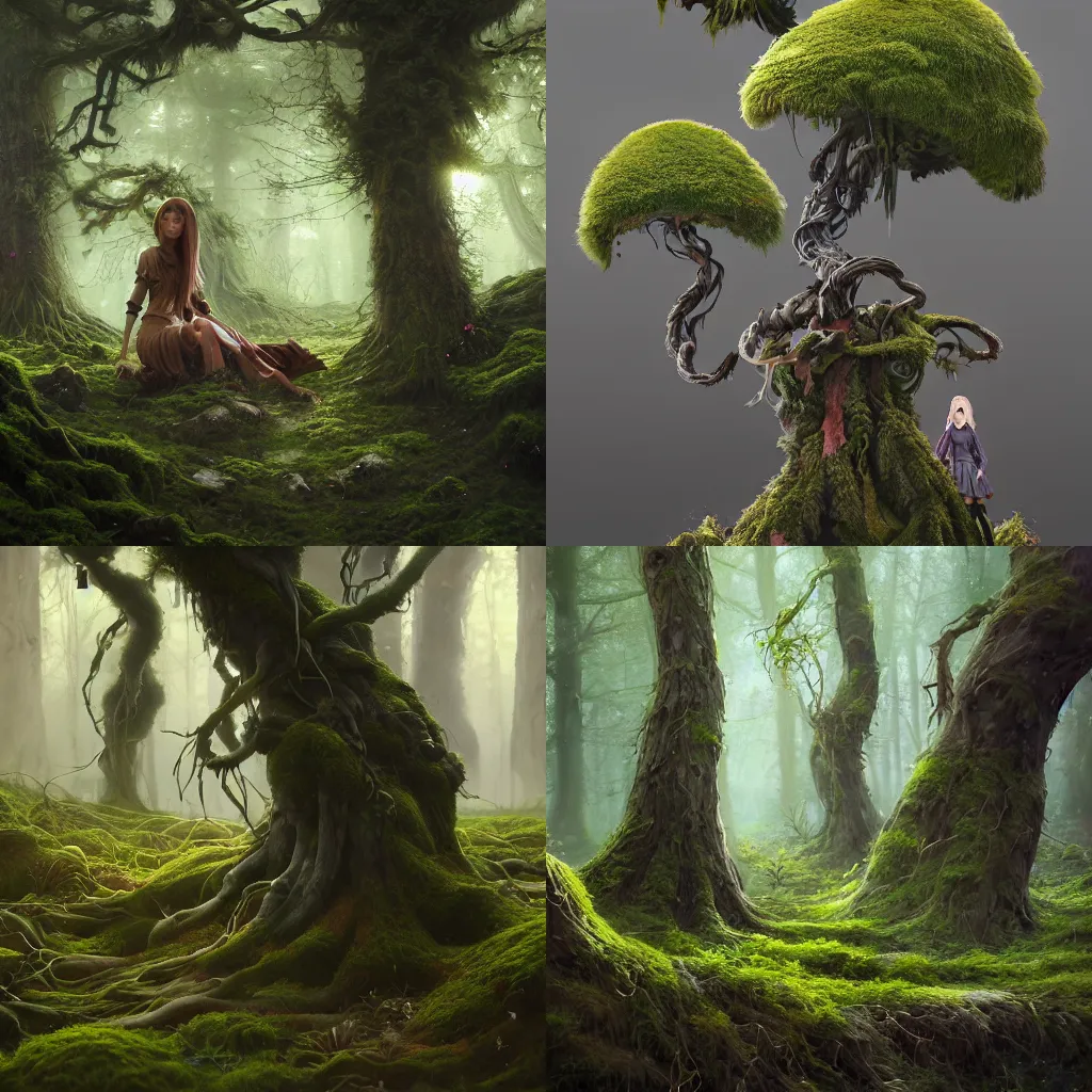 Prompt: Portrait beautiful witch forest moss plants, 4k oil on linen by wlop, artgerm, andrei riabovitchev,nuri iyem, james gurney, james jean, greg rutkowski, highly detailed, soft lighting 8k resolution oil on canvas, concept art, cgsociety, octane render, trending on artstation, artstationHD, artstationHQ, unreal engine, 4k, 8k