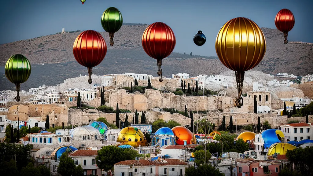 Image similar to large colorful futuristic space age metallic steampunk steam - powered balloons with pipework and electrical wiring around the outside, and people on rope swings underneath, flying high over the beautiful athens city landscape, professional photography, 8 0 mm telephoto lens, realistic, detailed, photorealistic, photojournalism