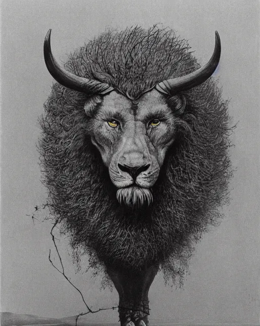 Image similar to a creature with the body and eyes of a man, with the beak of an eagle, the mane of a lion, and the horns of an ox. drawn by zdzislaw beksinski