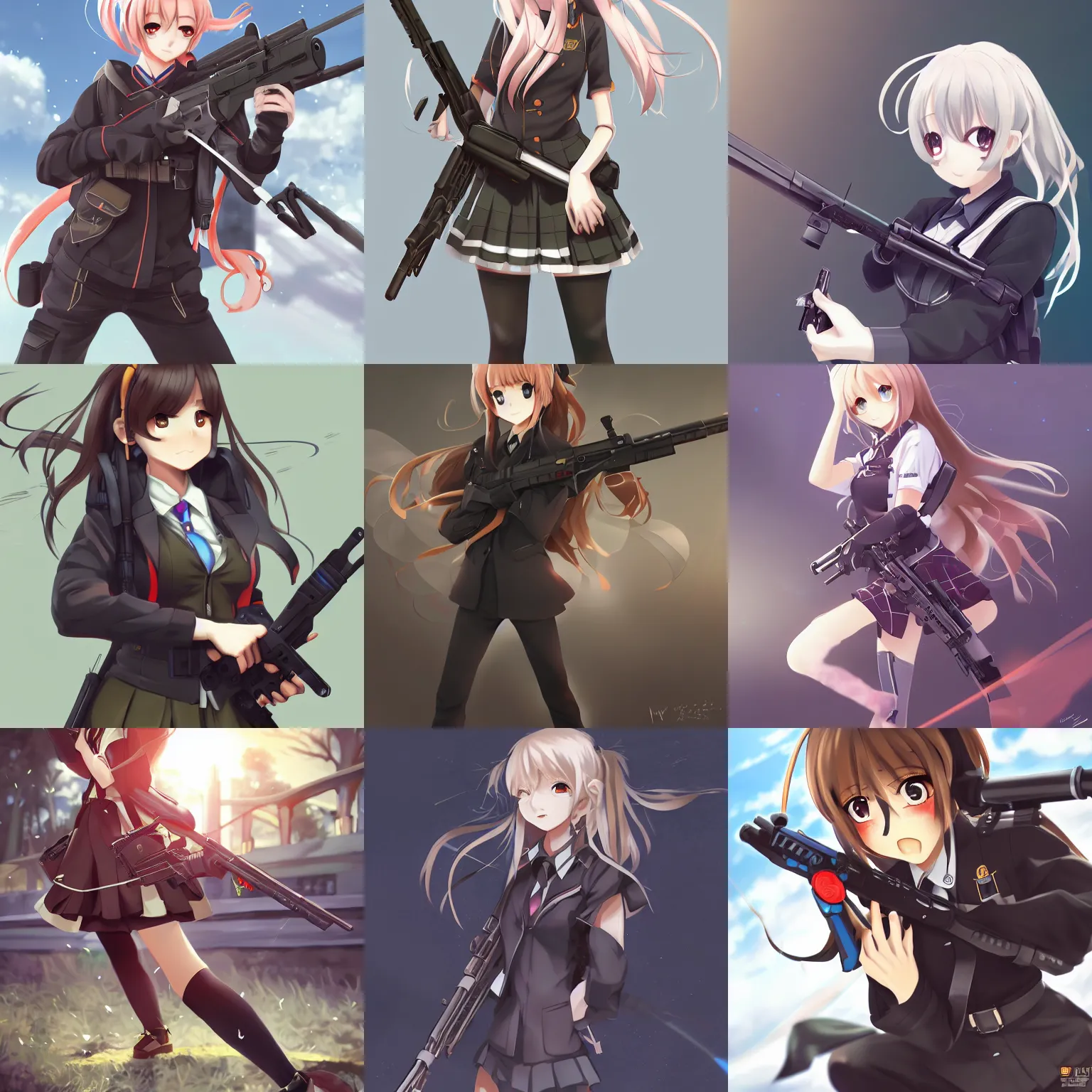 Prompt: anime, full body, cute, female, a cute girl wearing a school uniform and holding a sniper rifle, gorgeous lighting, highly detailed, digital painting, art station, sharp focus, frontal view, illustration, concept art, advanced digital anime art