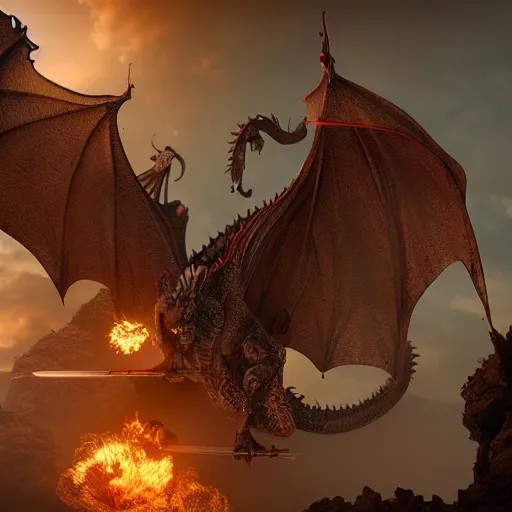 Prompt: flying dragon, with female warrior, riding to heaven, with army of dragons behind it. cinematic unreal engine, 8K , live action.