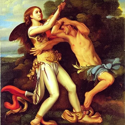 Prompt: joanna newsom fighting the predator, baroque style painting, very detailed